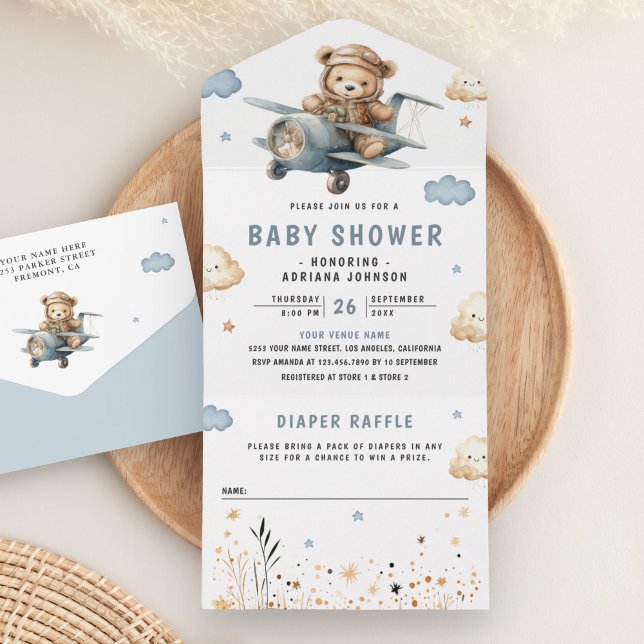 Boho Neutral Nalle Björn Blå Flygplan Baby Shower (Skapare uppladdad)