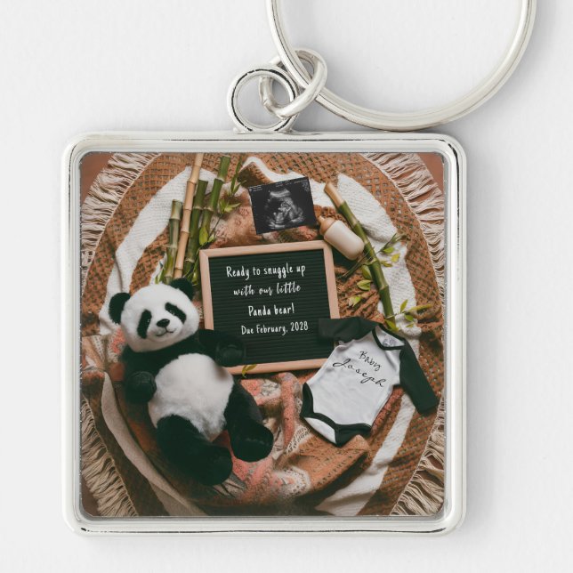 Boho neutral panda graviditetsannonseringspresent fyrkantig silverfärgad nyckelring (Framsidan)