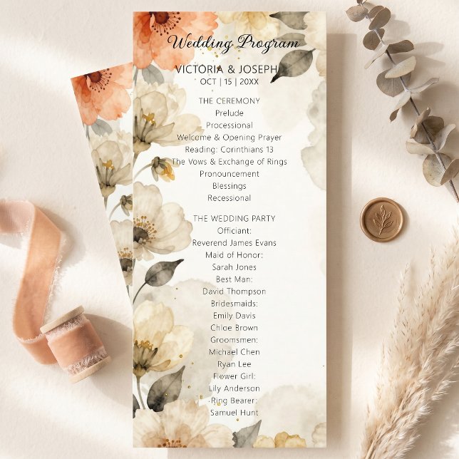 Boho Neutral Peachytonad Vattenfärg Blommig Bröllo Program (Skapare uppladdad)