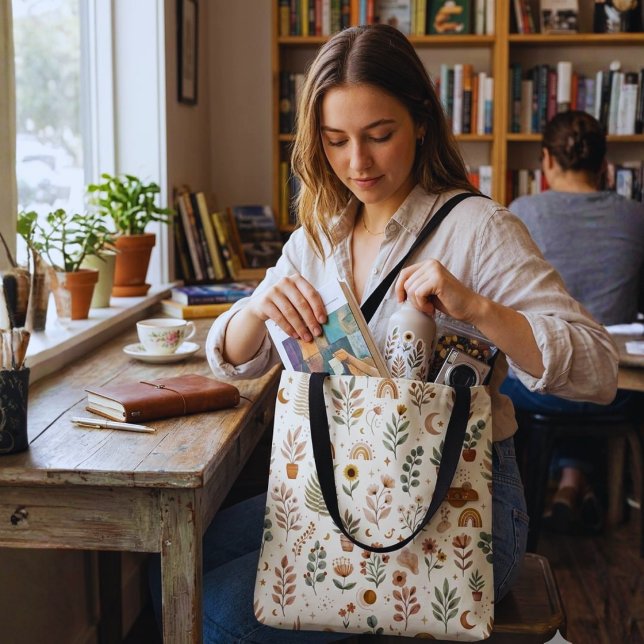 Boho Neutral Regnbågs Shoppingväska Tygkasse (Boho Floral Canvas Tote Bag | Botanical Everyday Shopping & Book Handbag)