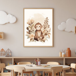 Boho Neutral Safari Apa Barnkammar Konst Poster