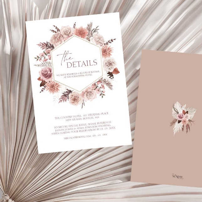 Boho Neutral Terrakotta Blommig Krans Bröllop Tilläggskort (Boho Dusty Pink Floral Wreath Wedding Details Enclosure Card)