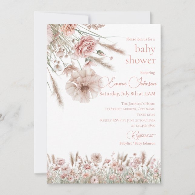 Boho Neutral Wildflower Baby Shower Invitation Inbjudningar (Framsida)