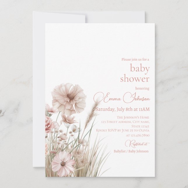 Boho Neutral Wildflower Baby Shower Invitation Inbjudningar (Framsida)