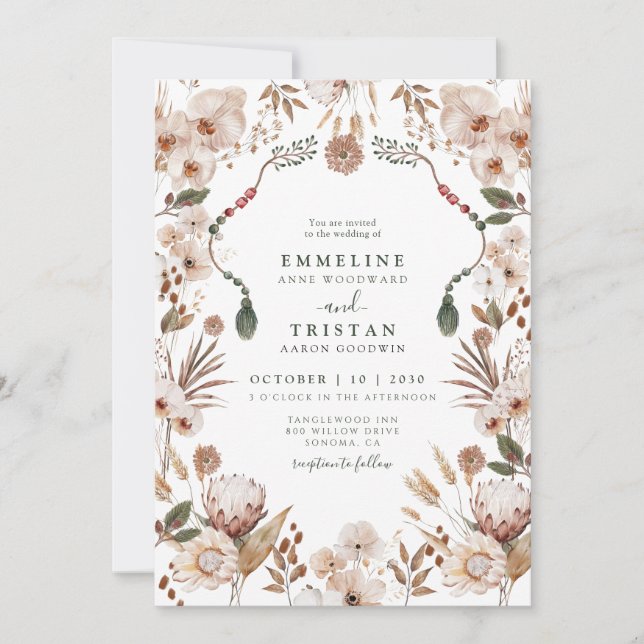 Boho Neutrala Vildblommor Bröllop Inbjudningar (Framsida)