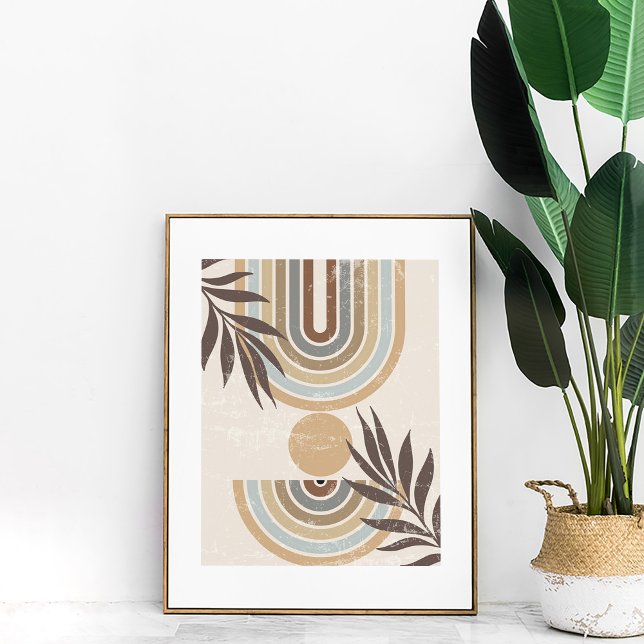 Boho Neutralt Abstrakt Rainbows and Löv Wall Art Poster (Boho Neutral Abstract Rainbows and Leaves Wall Art in a neutral frame next to a large boho plant.)