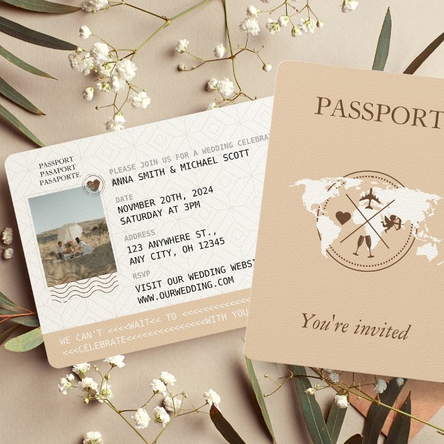 Boho Neutralt Beige Passport Destination Wedding Inbjudningar (Skapare uppladdad)