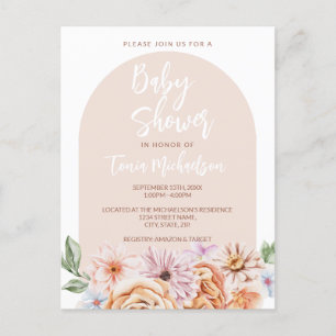 Boho Neutralt Blommigt Baby Shower Vykort