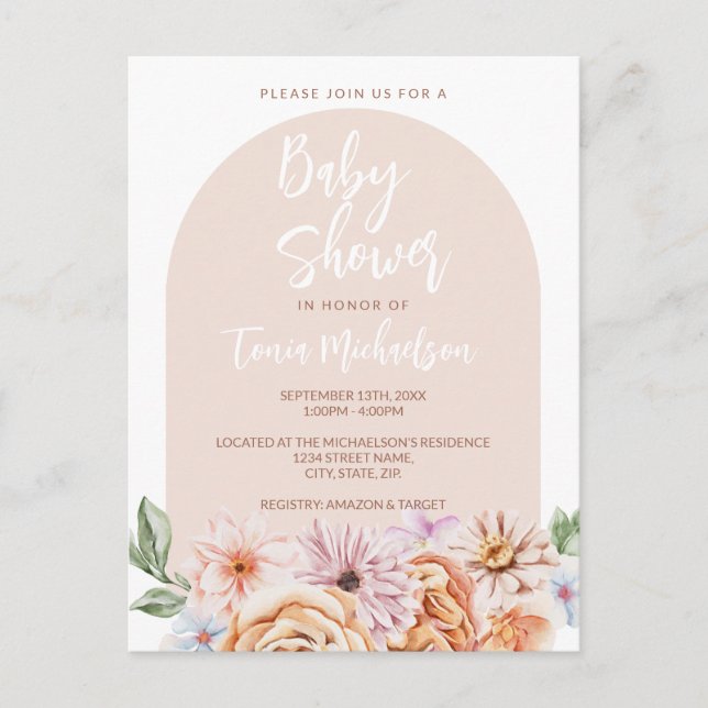 Boho Neutralt Blommigt Baby Shower Vykort (Framsida)