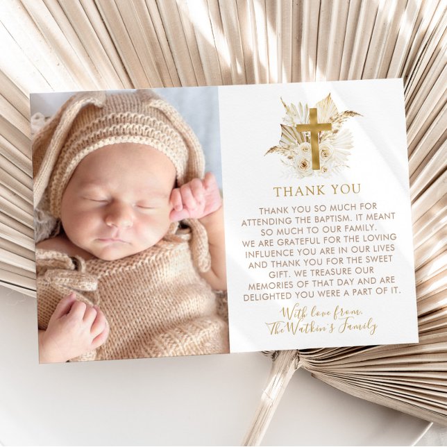 Boho Neutralt Blommigt Baptism Christening Photo Tack Kort (Boho Neutral Floral Thank You Card with Photo | No photo option available + other matching items)