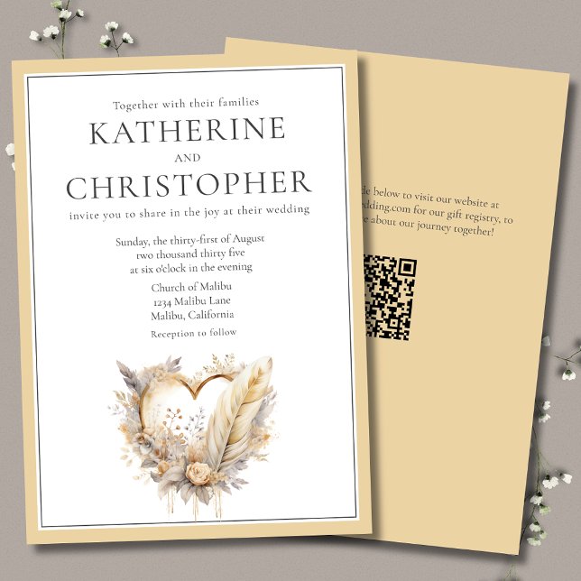 Boho Neutralt Blommigt Fjädrar Hjärtat Utandning B Inbjudningar (Boho Neutral Wedding Invitation with Heart Wreath, Feathers and Flowers, modern typography.)