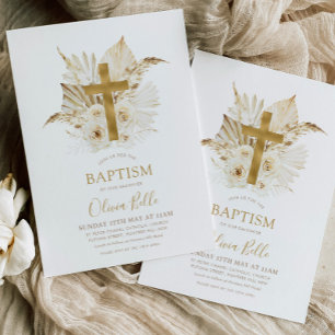Boho Neutralt Dried Handflatan Blommigt Baptism Ch Inbjudningar
