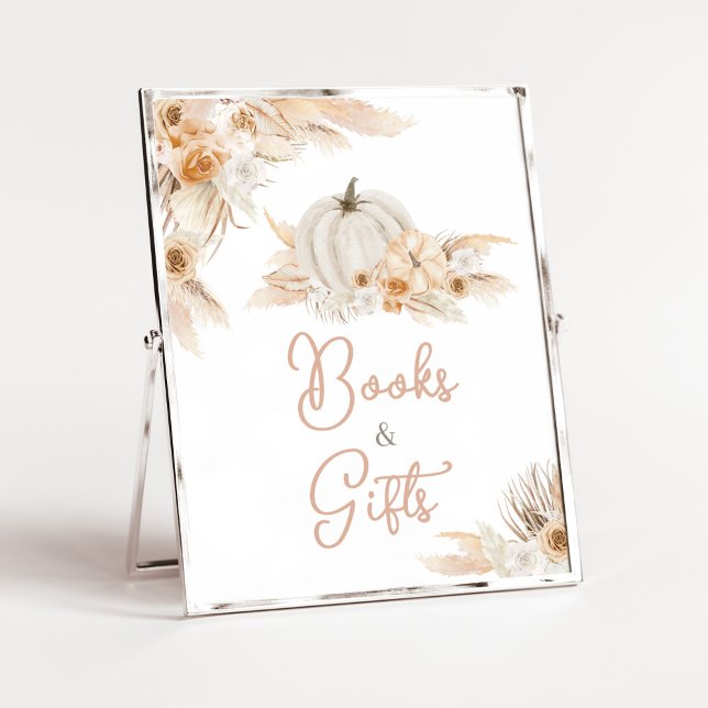 Boho Neutralt Pumpkin Baby Shower Bokar and Gifts Poster (Gender Neutral Little Pumpkin Baby Shower Books and Gifts Sign)