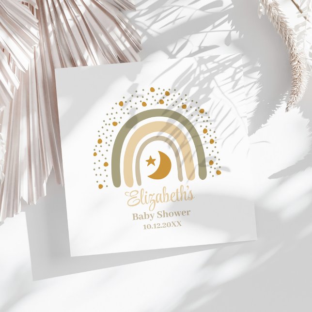 Boho Neutralt Rainbow Baby Shower Pappersservett (Boho Neutral Rainbow Baby Shower Napkins on a sunny white table.)