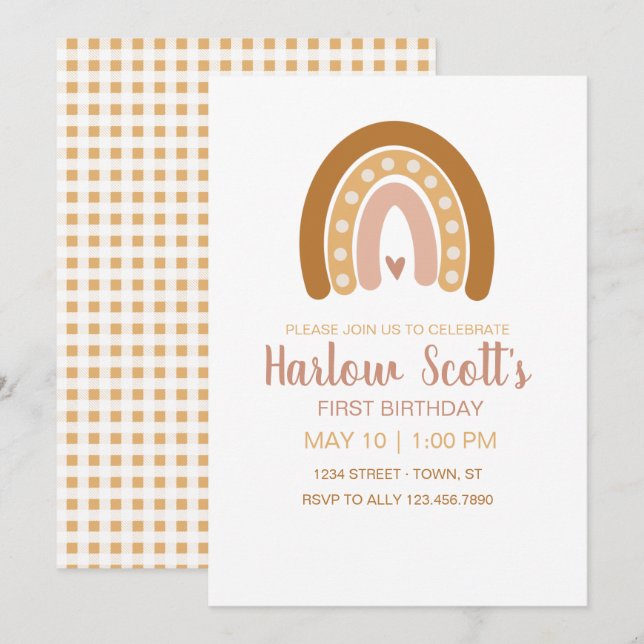 Boho Neutralt Rainbow Birthday Inbjudningar (Fram/baksida)