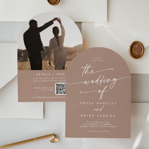 Boho Neutralt Taupe Photo QR Code Arch Bröllop Inbjudningar