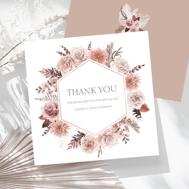 Boho Neutralt Terracotta Blommigt WAN Bröllop Tack Kort (Boho Dusty Pink Dried Flowers Wreath Wedding Thank You Card)