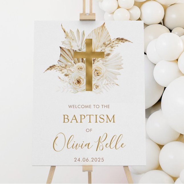 Boho Neutralt Torkad Handflatan Blommigt Baptism V Poster (Boho Neutral Dried Floral Baptism Welcome Sign)