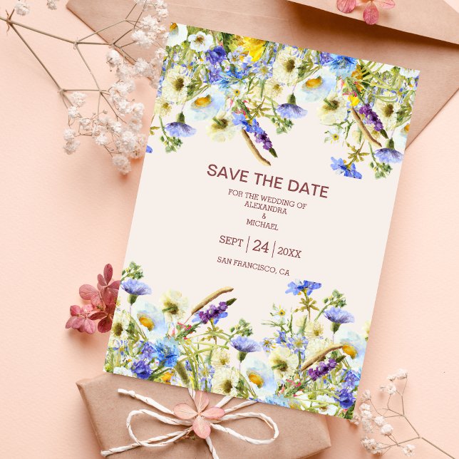 Boho Neutralt Watercolor Wildblomme Bröllop Spara  Datumet (Skapare uppladdad)