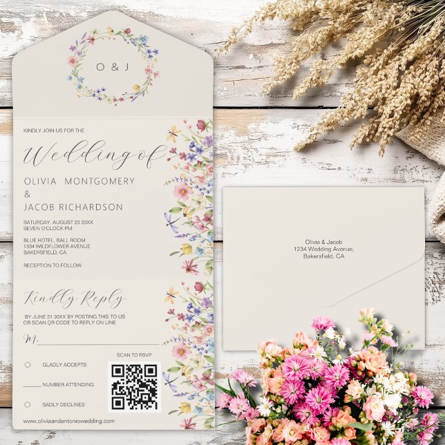 Boho Neutralt Wildblomme OSA & QR Code Bröllop (Skapare uppladdad)