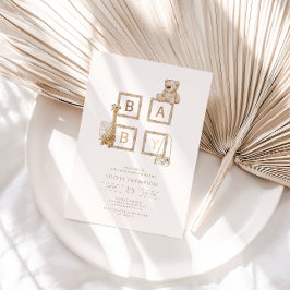 Boho Neutralt Wood Block Brev Baby Shower Inbjudningar