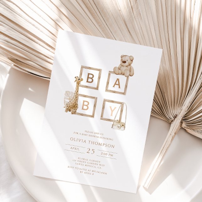 Boho Neutralt Wood Block Brev Baby Shower Inbjudningar (Skapare uppladdad)