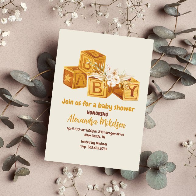 Boho Neutralt Wood Block Brev Baby Shower Inbjudningar (Skapare uppladdad)