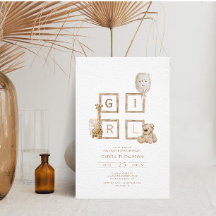 Boho Neutralt Wood Block Brev Det är en flicka Sho Inbjudningar