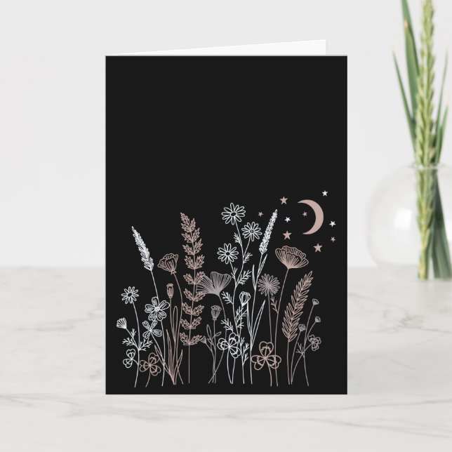 Boho Night Sky Floral Illustration – Moon, Stars & Kort (Framsida)
