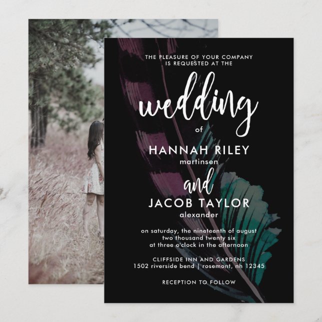 Boho Nights Black med Feather Photo Bröllop Inbjudningar (Fram/baksida)