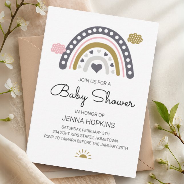 Boho Nordic Rainbow Baby Shower Grått-inbjudan OSA Kort (Boho Nordic Rainbow Baby Shower Grey Invitation)