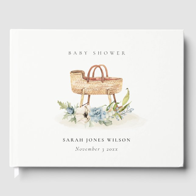 Boho Nursery Blue Blommigt Bassinet Baby Shower Gästböcker (Framsida)