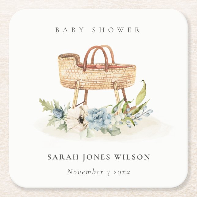 Boho Nursery Blue Blommigt Bassinet Baby Shower Underlägg Papper Kvadrat (Framsidan)