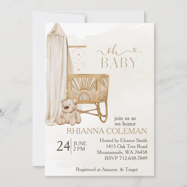 Boho Nursery Nalle babydusch Inbjudningar (Framsida)