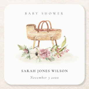 Boho Nursery Rosa Blommigt Bassinet Baby Shower Underlägg Papper Kvadrat
