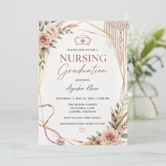 Boho Nursing Graduation Invitation with Stethoscop Inbjudningar (Stående Fram)