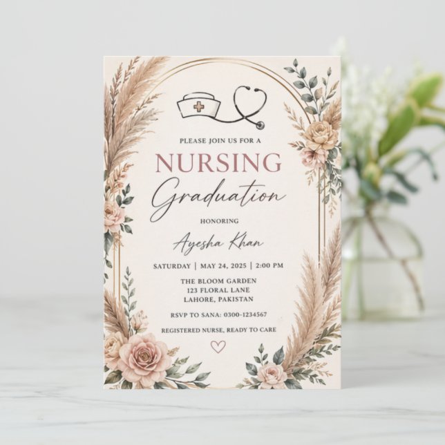 Boho Nursing Graduation Invitation with Stethoscop Inbjudningar (Stående Fram)