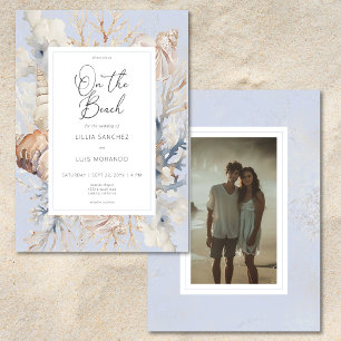 Boho Ocean Dusty Blue på Beach Photo Bröllop Inbjudningar