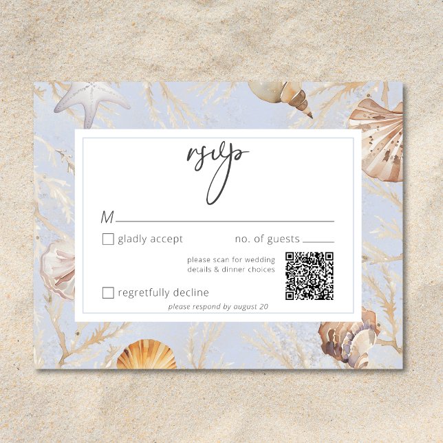 Boho Ocean Dusty Blue på Beach Wedding QR OSA Kort (Boho Ocean Dusty Blue On the Beach Wedding QR RSVP Card)