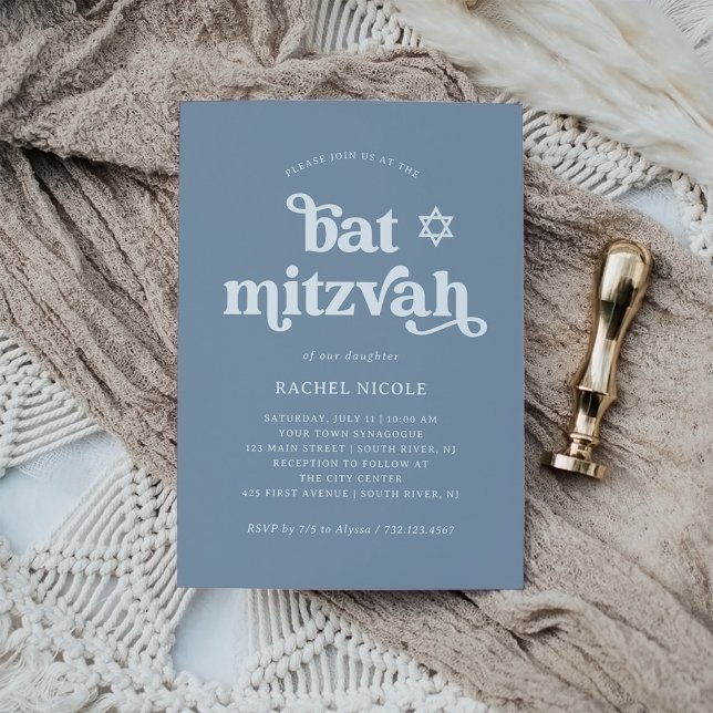 Boho och Retro Dammblå | Bat Mitzvah Inbjudningar (Skapare uppladdad)
