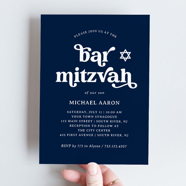 Boho och Retro Mörk Navyblå | Bar Mitzvah Inbjudningar (Skapare uppladdad)