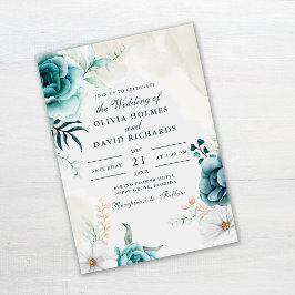 Boho off-White Teal Wildblombröllopsinbjudan Inbjudningar