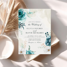 Boho off-White Teal Wildblombröllopsinbjudan Inbjudningar
