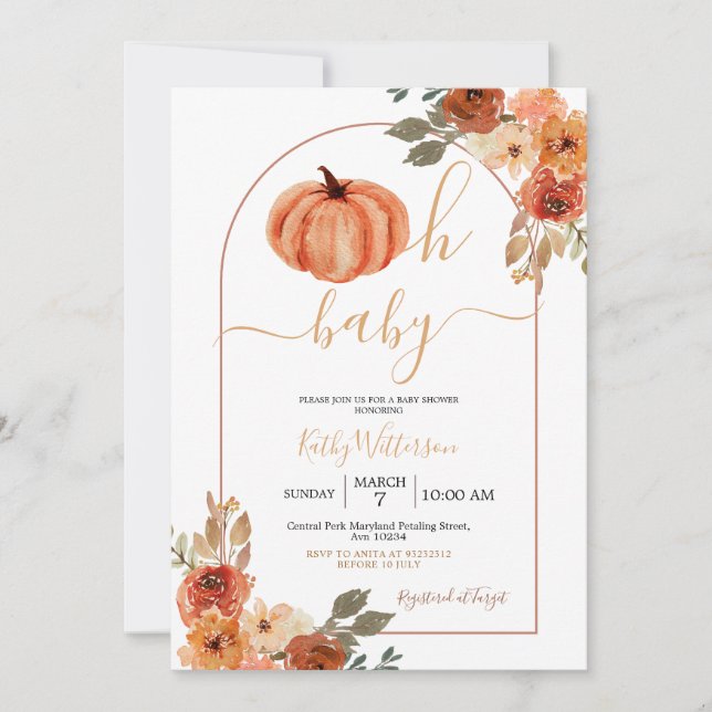 Boho Oh Baby Arch Pumpkin Wildblomma Baby Shower Inbjudningar (Framsida)