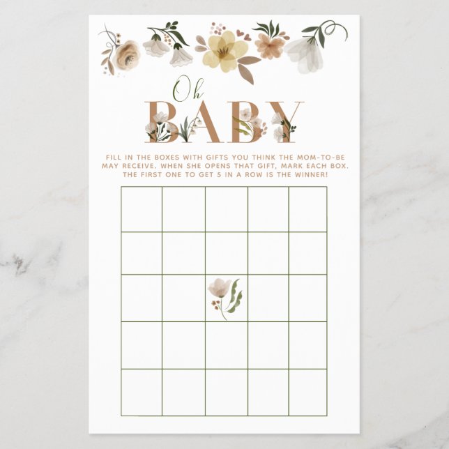 Boho Oh Baby Blommigt Baby Shower Bingo Game Flygblad (Framsidan)