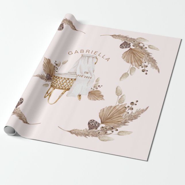Boho Oh Baby Brown Rosa Namn Ankomstdatum II Presentpapper (Utrullad)