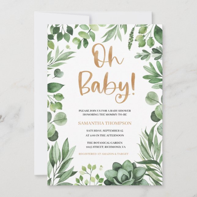 Boho Oh Baby Shower-inbjudan, Succulent Inbjudan (Framsida)