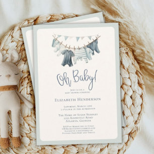 Boho Oh Pojke Clothes Clothesline Baby Shower Inbjudningar