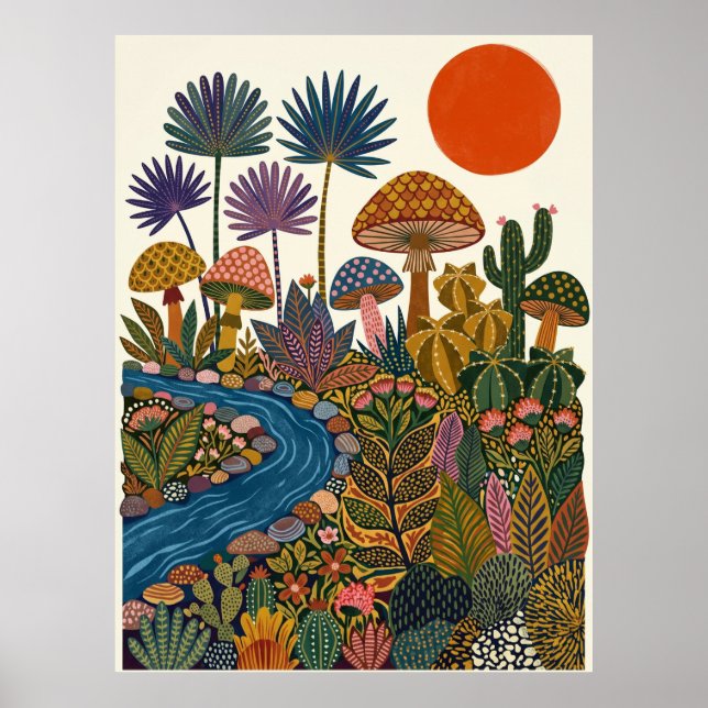Boho Öken Folk Art Svamp Kaktus Flod Affisch (Framsidan)