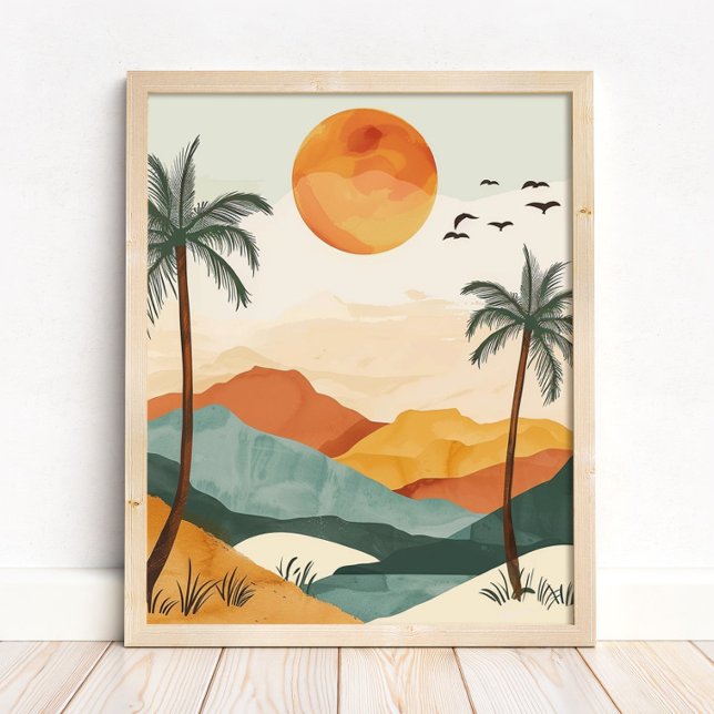 Boho Öken Solnedgång Landskaps Vägg Konsttryck Poster (Boho Desert Sunset Landscape Wall Art Print in a neutral wooden frame on the floor)